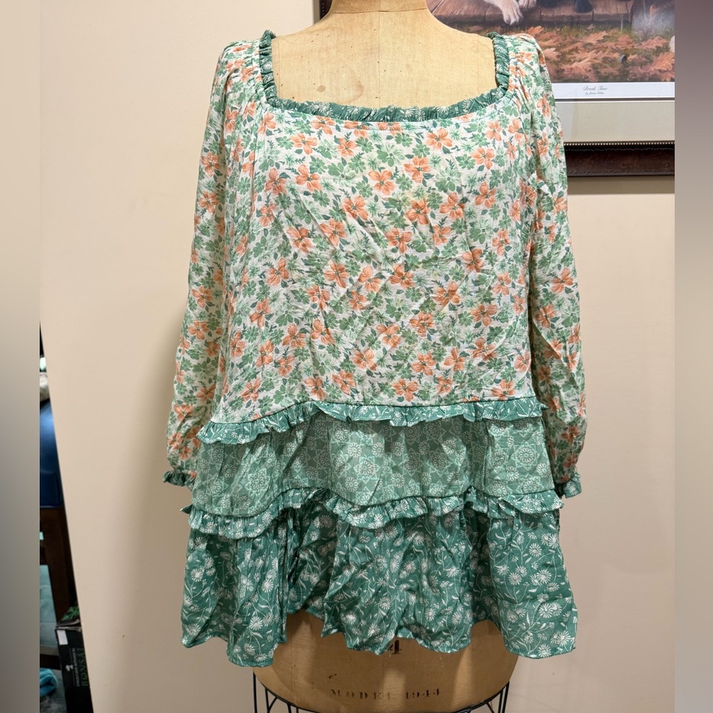 Cato Floral Ruffle Blouse in Green and Orange